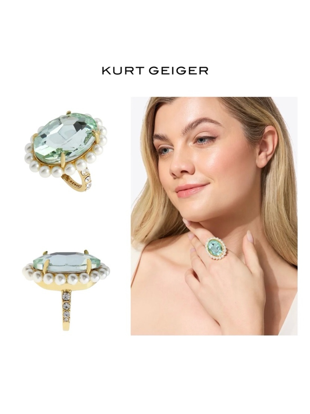 NIB KURT GEIGER LONDON Gold Tone Oval-cut Glass Crystal & Faux Pearls Ring